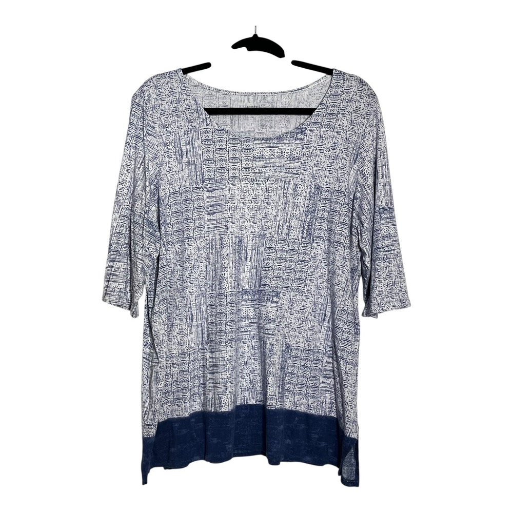 Pure Jill Womens XL Blue White‎ Geometric A-Line Print Tunic 3/4 Sleeve Cotton